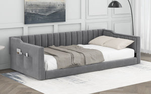 English Elm Twin XL Upholstery Daybed with Vertical Channel Tufting, Velvet Fabric, Slat Support & Side Storage Pocket for Guests Gray DL002210AAE