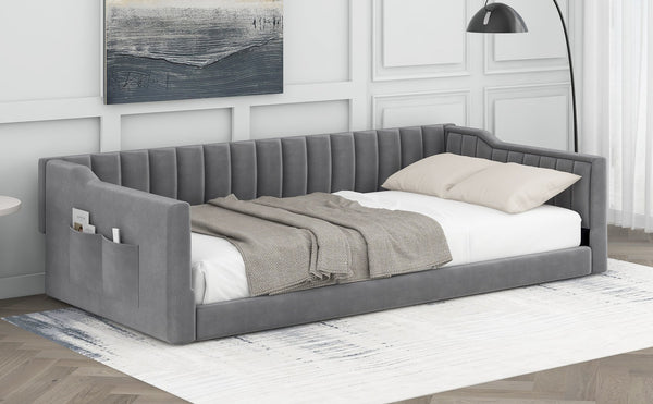 English Elm Twin XL Upholstery Daybed with Vertical Channel Tufting, Velvet Fabric, Slat Support & Side Storage Pocket for Guests Gray DL002210AAE