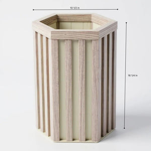 English Elm Hexagon Column Aluminum Planter Geometric Outdoor Pot with Wood Tone Powder Coat Finish Ash Brown B2755P462183