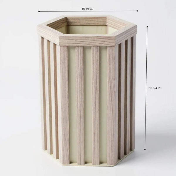 English Elm Hexagon Column Aluminum Planter Geometric Outdoor Pot with Wood Tone Powder Coat Finish Ash Brown B2755P462183
