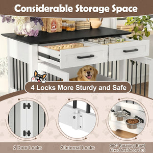 English Elm 44.48" Wooden Dog Crate End Table with Drawers Rotating Bowls Farmhouse Pet Kennel Black,White N704P379112K