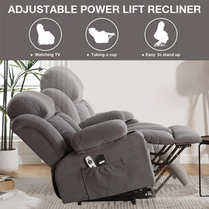 English Elm Power Lift Recliner Chair with Heat & 4-Point Massage, USB Port, Cup Holders, Remote for Living Room Grey W1521P303241