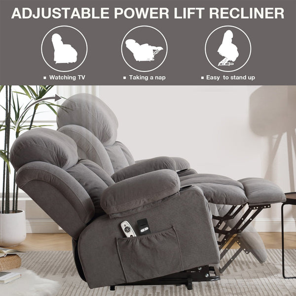 English Elm Power Lift Recliner Chair with Heat & 4-Point Massage, USB Port, Cup Holders, Remote for Living Room Grey W1521P303241