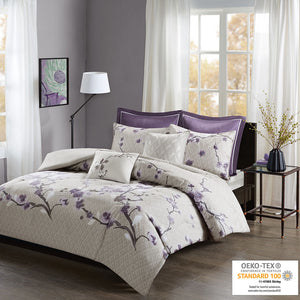 Madison Park Holly Transitional 7 Piece Cotton Duvet Cover Set MP12-4169 Purple/Taupe