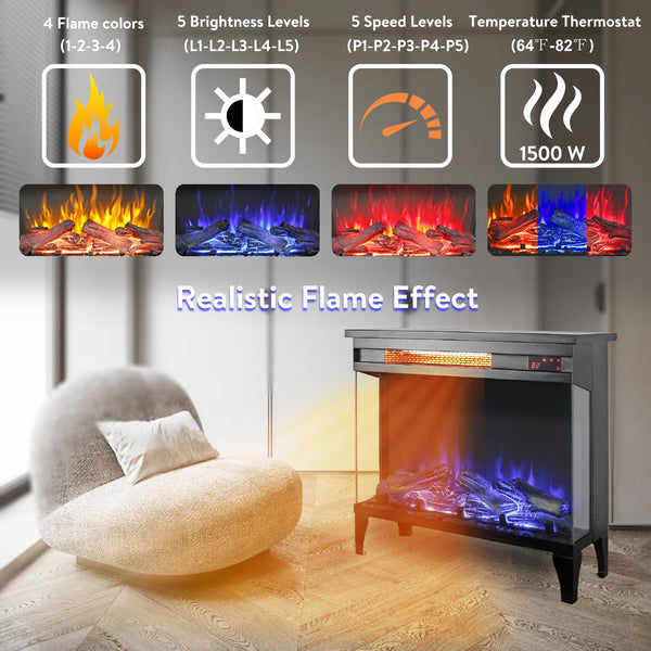 English Elm 24 Inch Panoramic Three Sided Glass Electric Fireplace with Infrared Quartz Heater W1769P166908