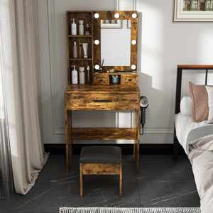 English Elm Vanity compact dressing desk with LED mirror, 3-color dimmable lights, drawers, stool, outlet Vintage W2699P345802
