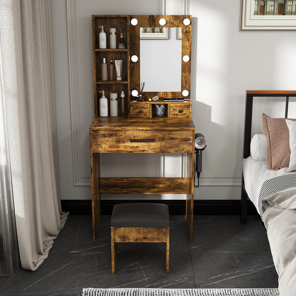English Elm Vanity compact dressing desk with LED mirror, 3-color dimmable lights, drawers, stool, outlet Vintage W2699P345802