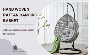 English Elm 76.8-inch Hand Woven Rattan Egg Swing Chair Indoor Outdoor with Cushion Lumbar Pillow Gray W1512P498595