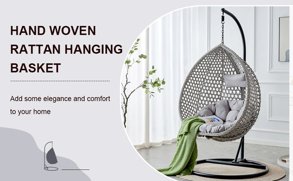 English Elm 76.8-inch Hand Woven Rattan Egg Swing Chair Indoor Outdoor with Cushion Lumbar Pillow Gray W1512P498595