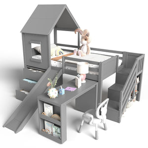 English Elm Full Size Metal Loft Bed with Stair Storage Shelves Bookshelf for Dorms Bedroom W1580S00396