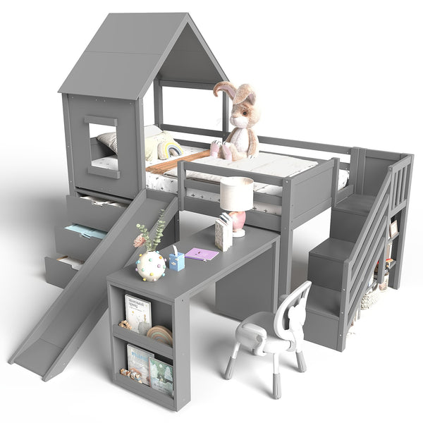English Elm Full Size Metal Loft Bed with Stair Storage Shelves Bookshelf for Dorms Bedroom W1580S00396