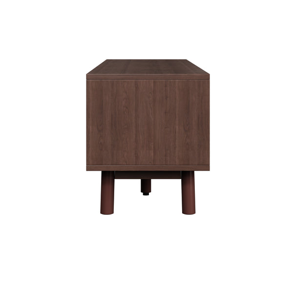 English Elm Wood TV Stand for 75" TVs with Rattan Drawers, Soft-Close Doors, Drop-Down Storage, Waterproof Finish N710P257619P