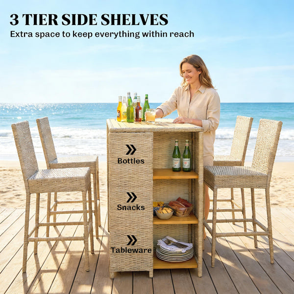 English Elm Garden Dialogue Acacia and Wicker Outdoor Bar Set with Four Tucking Barstools Beige+Brown,Natural Wood T3971S00205