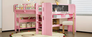 English Elm Twin Low Loft Bed Solid Pine Frame Kids Study Desk Blackboard Storage White Pink W1580S00300