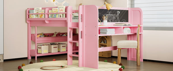English Elm Twin Low Loft Bed Solid Pine Frame Kids Study Desk Blackboard Storage White Pink W1580S00300