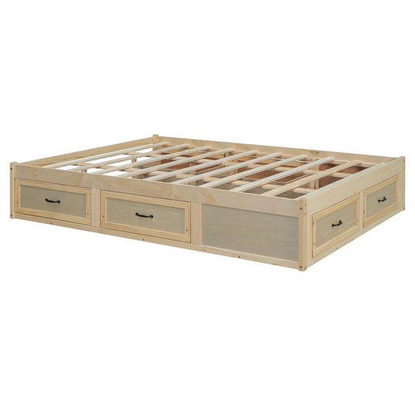 English Elm Queen Platform Bed with Six Storage Drawers Low Profile Frame for Modern Bedrooms Antique Natural N708P263022N-1