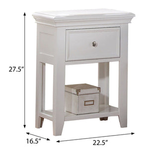 English Elm White Transitional Nightstand with Drawer and Bottom Shelf, Pine Construction, Bright White Finish for Versatile Bedroom Styling B062P186501