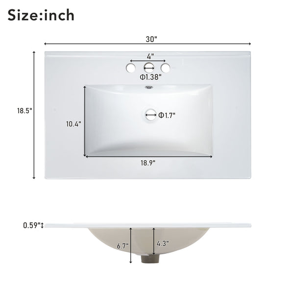 English Elm 30-inch bathroom vanity with ceramic basin, solid wood frame, soft-close doors and adjustable shelves for organized style and lasting durability Green N729P173380F