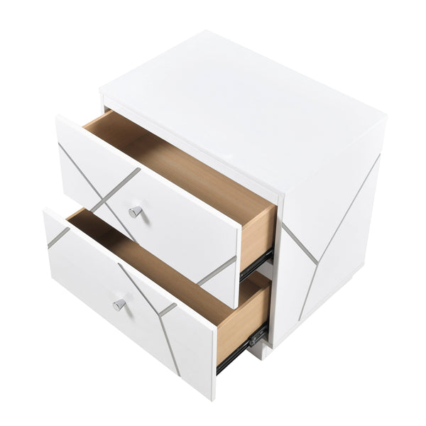 English Elm Glamorous White Wood Nightstand with Etched Geometric Drawers and Chrome Knobs B011P429133