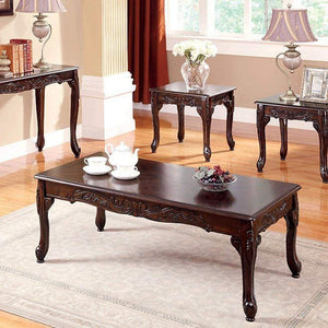 English Elm 3pc Classic Coffee & End Table Set Dark Cherry Finish with Parquet Tops, Cabriole Legs, Resin Detail B011P356773