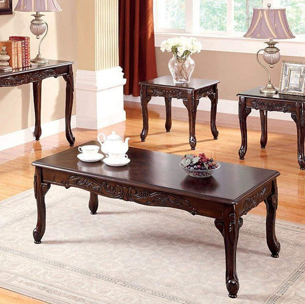 English Elm 3pc Classic Coffee & End Table Set Dark Cherry Finish with Parquet Tops, Cabriole Legs, Resin Detail B011P356773