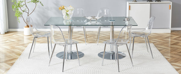 English Elm Table and Chair Set Tempered Glass Top with Six Transparent Seats for Modern Dining W1151S04556