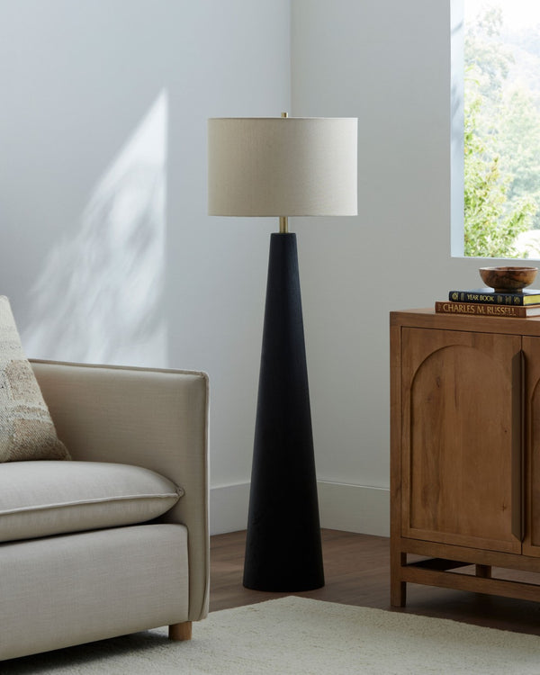 Surya Baobab Rubberwood Arts and Crafts Floor Lamp with Linen Drum Shade for Reading Nooks BBB-002