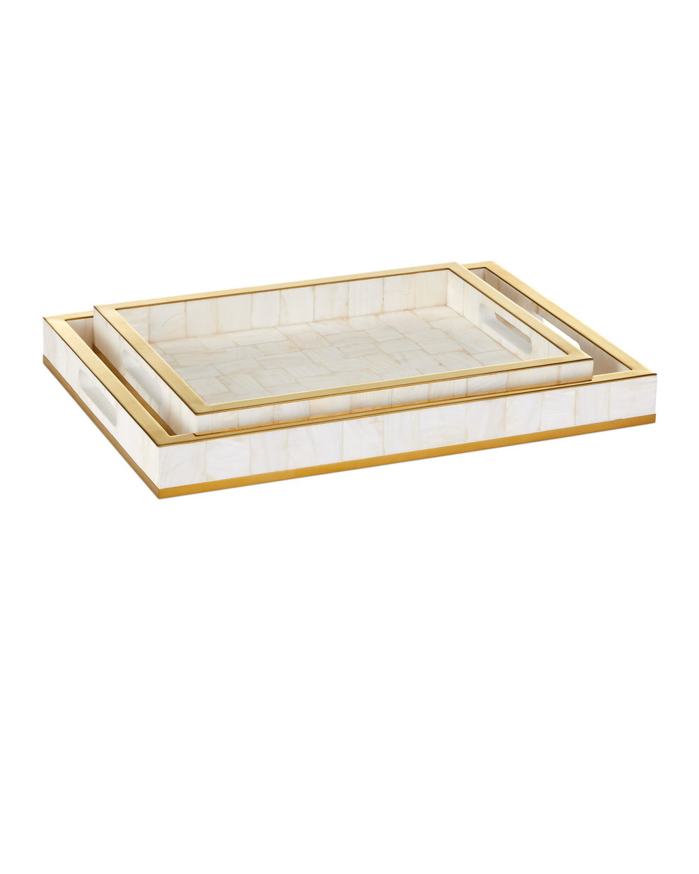 Currey & Company Casey Mother Of Pearl Tray Set - Elegant Decorative Trays With Gold Accents For Timeless Sophistication White Mother Of Pearl ,Stainless Steel ,Wood 1200-1021-currey-company