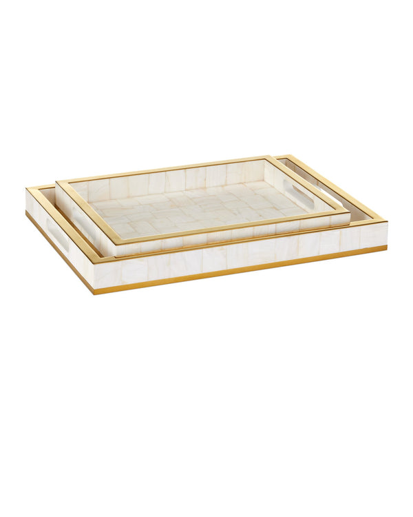 Currey & Company Casey Mother Of Pearl Tray Set - Elegant Decorative Trays With Gold Accents For Timeless Sophistication White Mother Of Pearl ,Stainless Steel ,Wood 1200-1021-currey-company