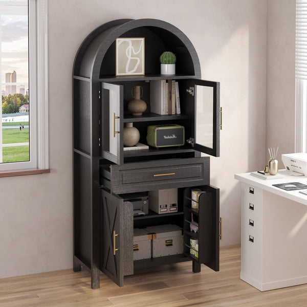 English Elm 71" Arched Glass Barn Door Pantry Cabinet Farmhouse Mdf Storage for Kitchen Dining Black W2917S00016