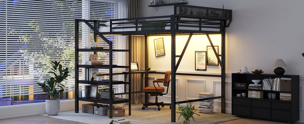 English Elm Queen Metal Loft Bed with Staircase Storage Foldable Desk and Built-in Charging W2580S00073