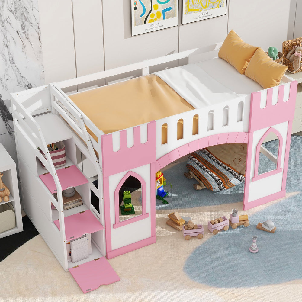 English Elm Twin Loft Bed with Storage Staircase and Window — Pinewood Modern Space-Saving Kids' Play & Sleep Loft Pink GX000727AAH