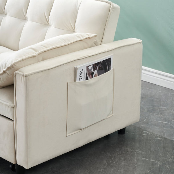 English Elm Modern Velvet Sofa Pull-Out Bed 3-in-1 Convertible Love Seat with Pillows, Spacious 500lb Support Beige W3371P314973