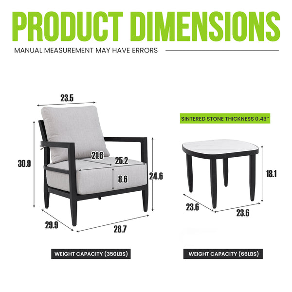 English Elm 3pc Outdoor Aluminum Chat Set Sintered Stone Table Sunbrella Cushions Patio Lounge W1886S00038
