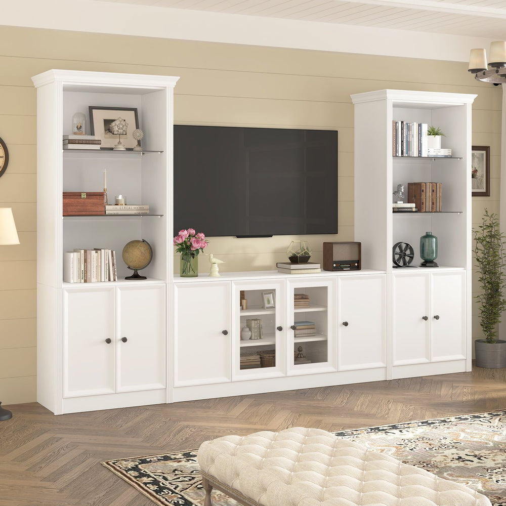 English Elm U-can Three Piece Wall Unit Built-in Media Center with Crown Molding and Tempered Glass Storage White SJ000156AAK