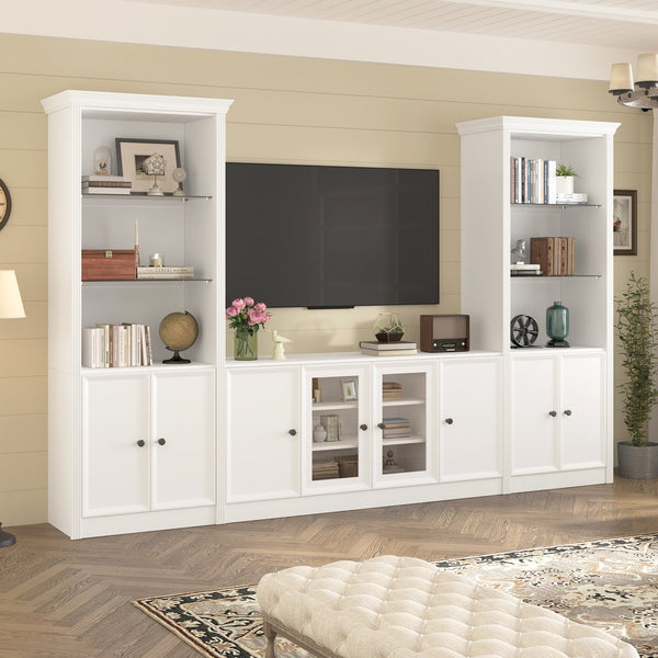 English Elm U-can Three Piece Wall Unit Built-in Media Center with Crown Molding and Tempered Glass Storage White SJ000156AAK