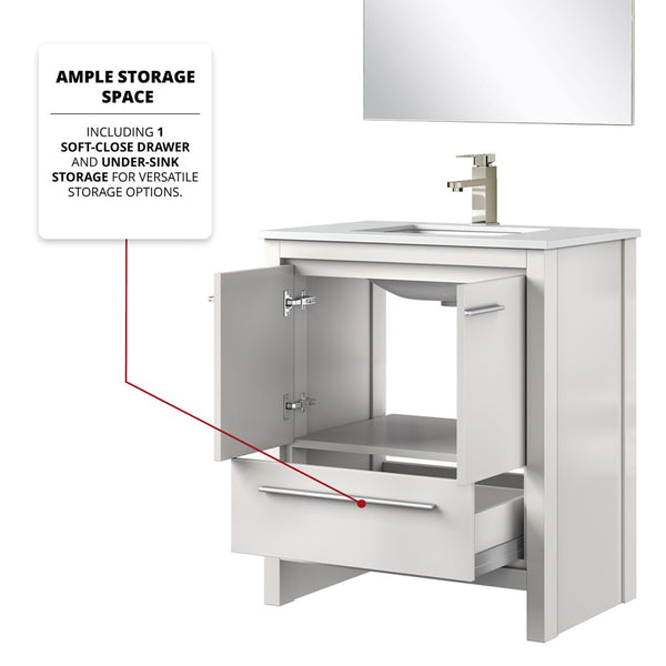 English Elm White Bath Vanity Set With White Quartz Top, Brushed Nickel Faucet, And 28-Inch Mirror For Style Upgrade B2731S02056-GIGA