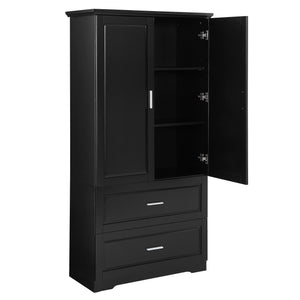 English Elm Tall Bathroom Storage Cabinet – Slim Black MDF Organizer with 2 Doors, 2 Drawers, Adjustable Shelves, Anti-Tip Device N725P172882B