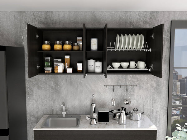English Elm Winslow 150" Wall Cabinet with Built-In Dish Rack, Four Doors, Open Center Shelf, Black Finish B128P148993