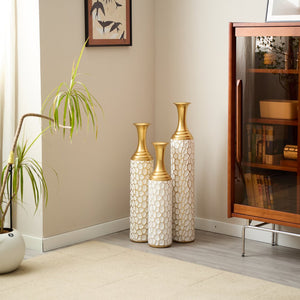 English Elm Floor Modern Metal Vase Set Of 3 – Luxe White With Gold Accents For Stylish Home Décor & Elegance W2796P255600