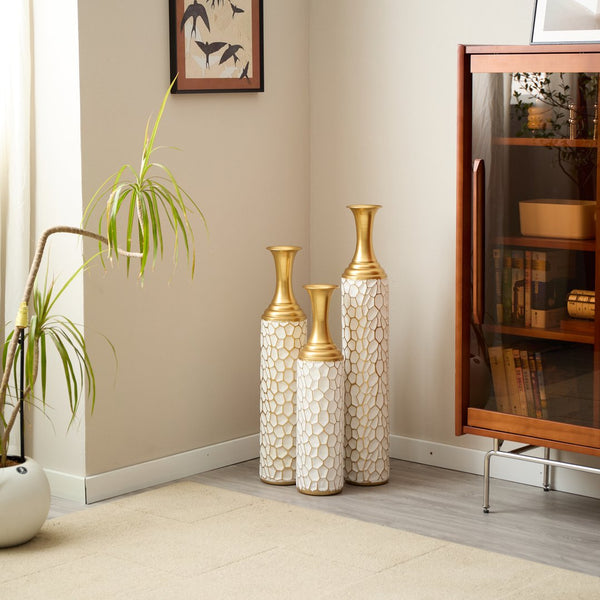 English Elm Floor Modern Metal Vase Set Of 3 – Luxe White With Gold Accents For Stylish Home Décor & Elegance W2796P255600