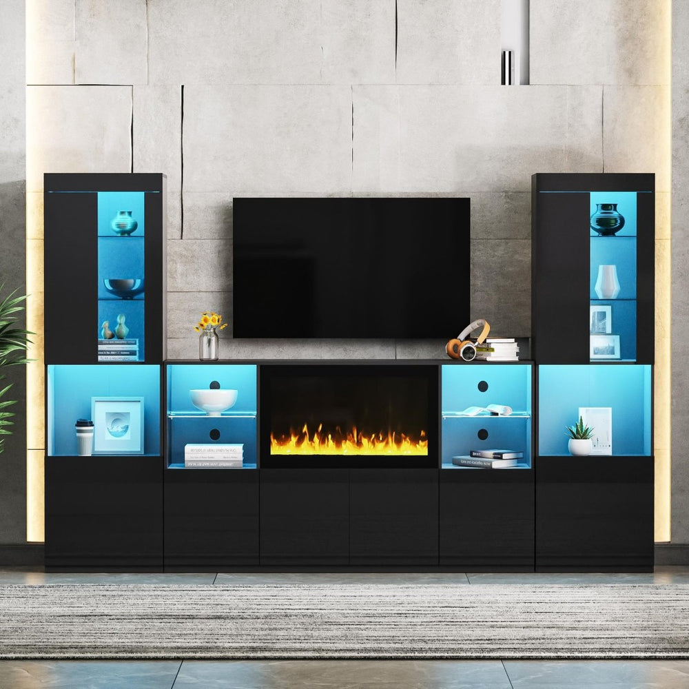 English Elm On-Trend Modern Tv Stand With 34.2" Electric Fireplace & Led Lights For Tvs Up To 75", Black Elegance N721S000043B-GIGA