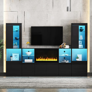 English Elm On-Trend Modern Tv Stand With 34.2" Electric Fireplace & Led Lights For Tvs Up To 75", Black Elegance N721S000043B-GIGA