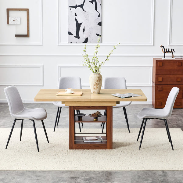 English Elm Scalable Extendable Dining Set Four Chairs Linen Upholstered Walnut Base Modern W1151S04684