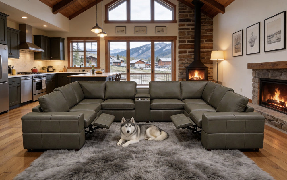 English Elm Premium Leather Match Sectional with Dual Recliners Console and Cup Holders Included Olive Green B2748S00161
