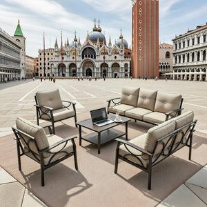 English Elm 5-piece Outdoor Conversation Set Steel Frame Patio Sofa Loveseat Chairs Table Beige B082S00120