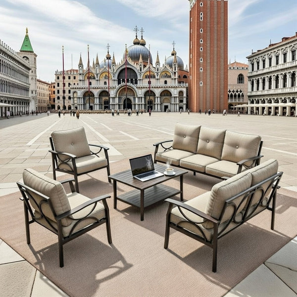 English Elm 5-piece Outdoor Conversation Set Steel Frame Patio Sofa Loveseat Chairs Table Beige B082S00120