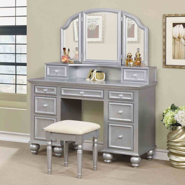 English Elm Transitional Glam Mirrored Vanity with Padded Stool, Spacious Drawers, Central Mirror for Prep and Storage Silver 51 L x 21 W x 30 H B2741P400804