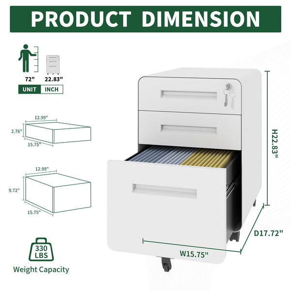 English Elm 3-Drawer Mobile File Cabinet With Lock - Durable All-Steel Storage On Casters For Home & Office Use T2398P391280
