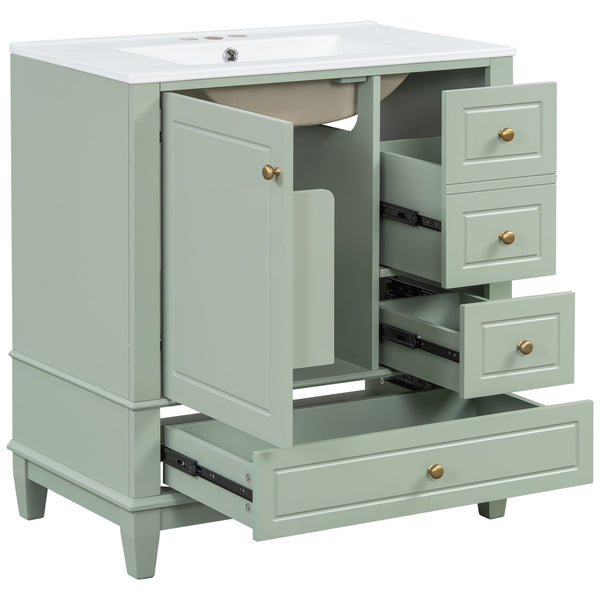 English Elm Christopher Knight Home® - 30" Freestanding Bathroom Vanity with Ceramic Sink, Soft-Close Door, Gold Knobs & 3 Drawers, Durable Painted Finish Light Green N759P225994G
